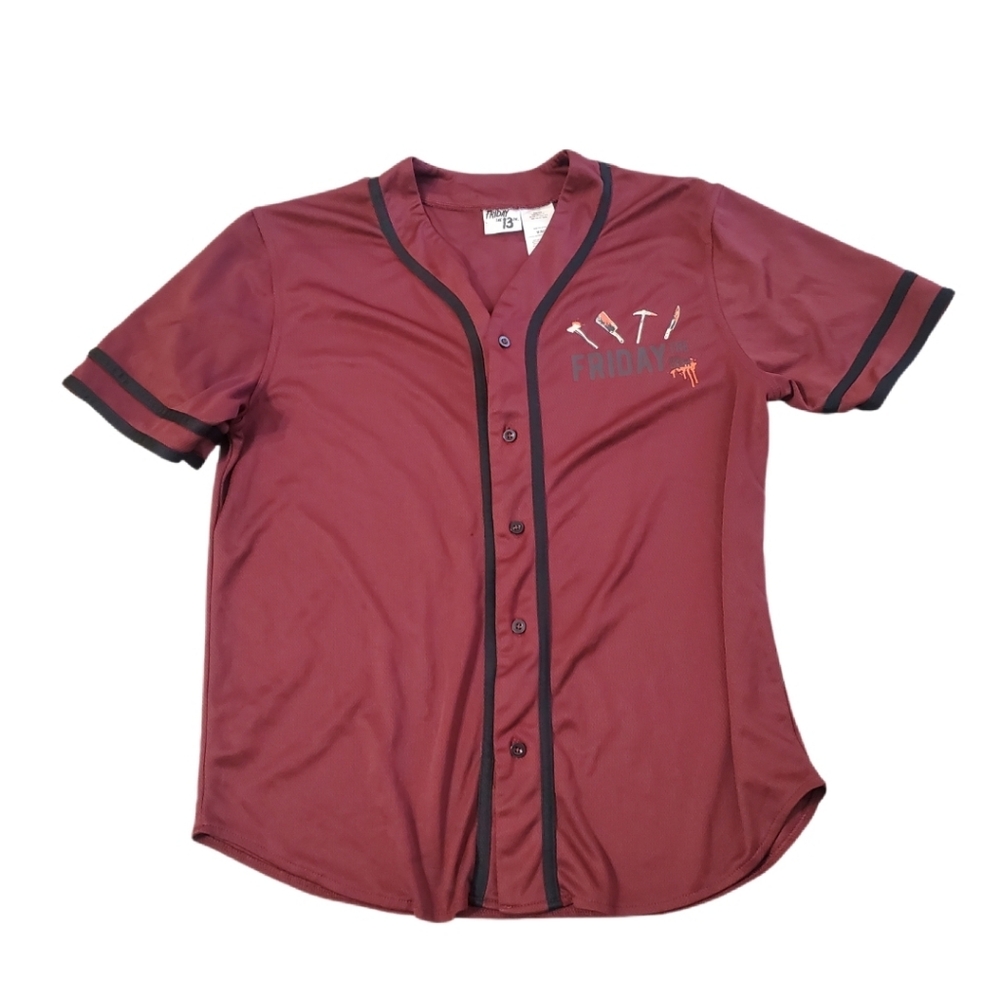 Friday the 13th Men's Burgundy‎ Jason Athletic Baseball Jersey Shirt Medium